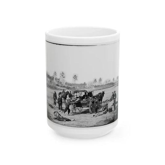 Unknown Location. Zouave Ambulance Crew Demonstrating Removal Of Wounded Soldiers From The Field (U.S. Civil War) White Coffee Mug 15oz - Go Mug Yourself