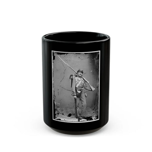 Unknown Location. Unidentified Union Volunteer With Shouldered Rifle And Bayonet In Photographer's Studio (U.S. Civil War) Black Coffee Mug-15oz-Go Mug Yourself