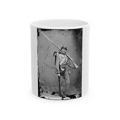 Unknown Location. Unidentified Union Volunteer With Shouldered Rifle And Bayonet In Photographer's Studio (U.S. Civil War) White Coffee Mug-11oz-Go Mug Yourself