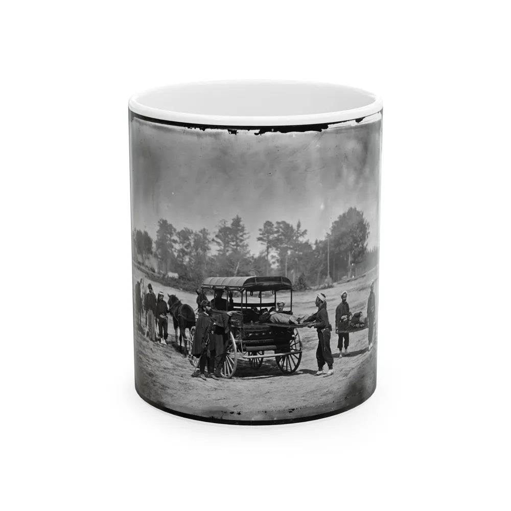 Unknown Location. Zouave Ambulance Crew Demonstrating Removal Of Wounded Soldiers From The Field; Another View (U.S. Civil War) White Coffee Mug-11oz-Go Mug Yourself