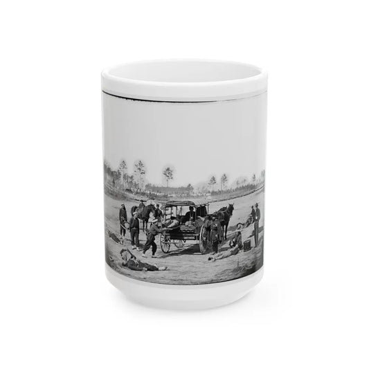 Unknown Location. Zouave Ambulance Crew Demonstrating Removal Of Wounded Soldiers From The Field (U.S. Civil War) White Coffee Mug-15oz-Go Mug Yourself