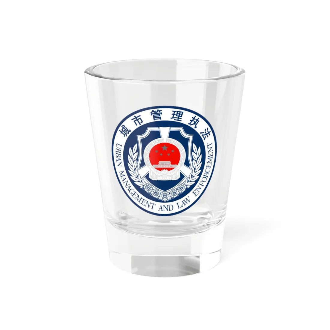 Urban Management And Law Enforcement logo P.R.China  城市管理执法标识 (China) (Coat of Arms) Shot Glass 1.5oz 1.5oz - Go Mug Yourself