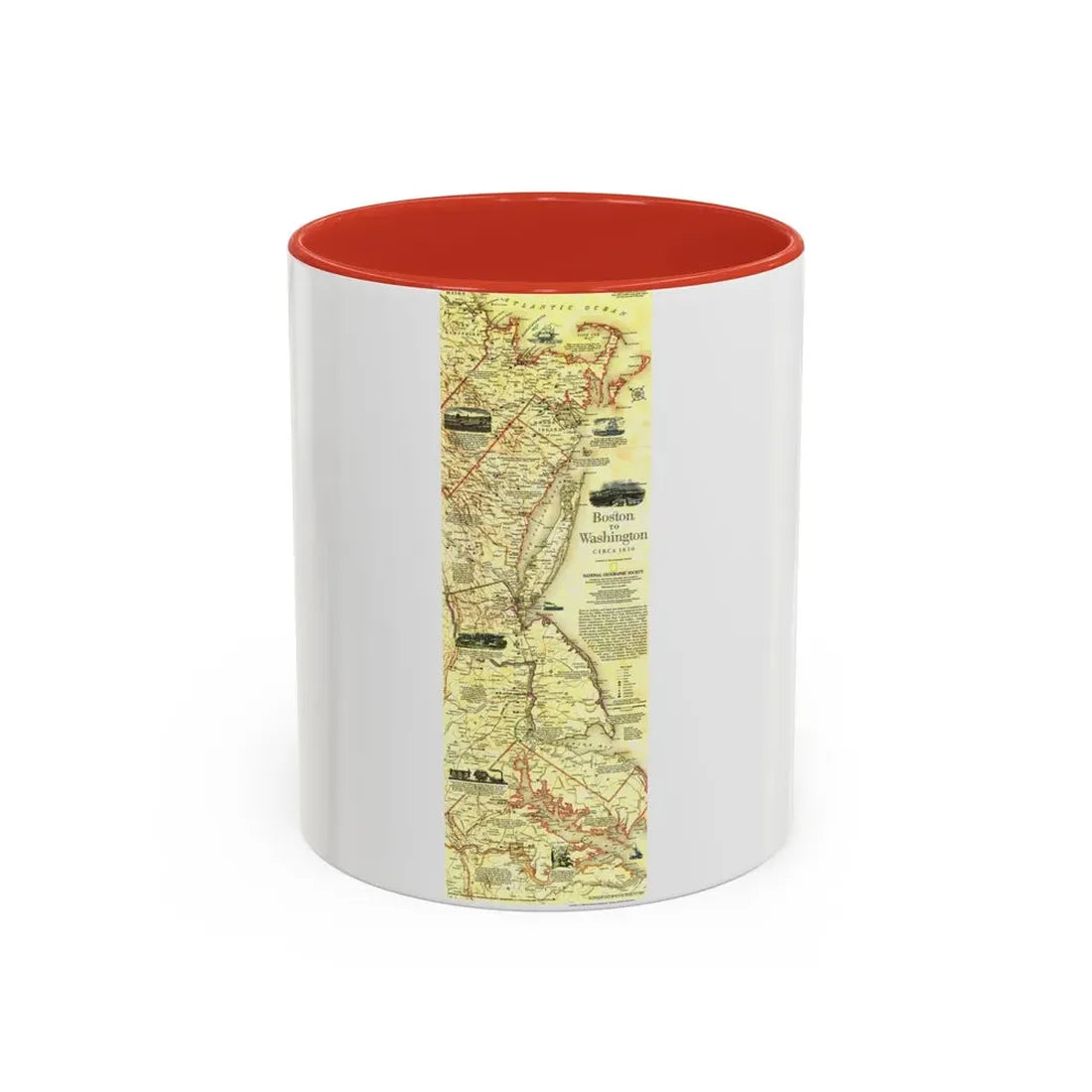 USA - Boston to Washington (1830) (Map) Accent Coffee Mug 11oz Red - Go Mug Yourself