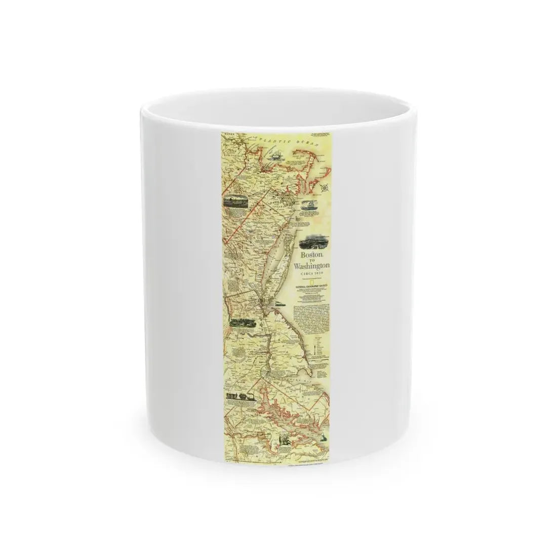 USA - Boston to Washington (1830) (Map) White Coffee Mug 11oz - Go Mug Yourself