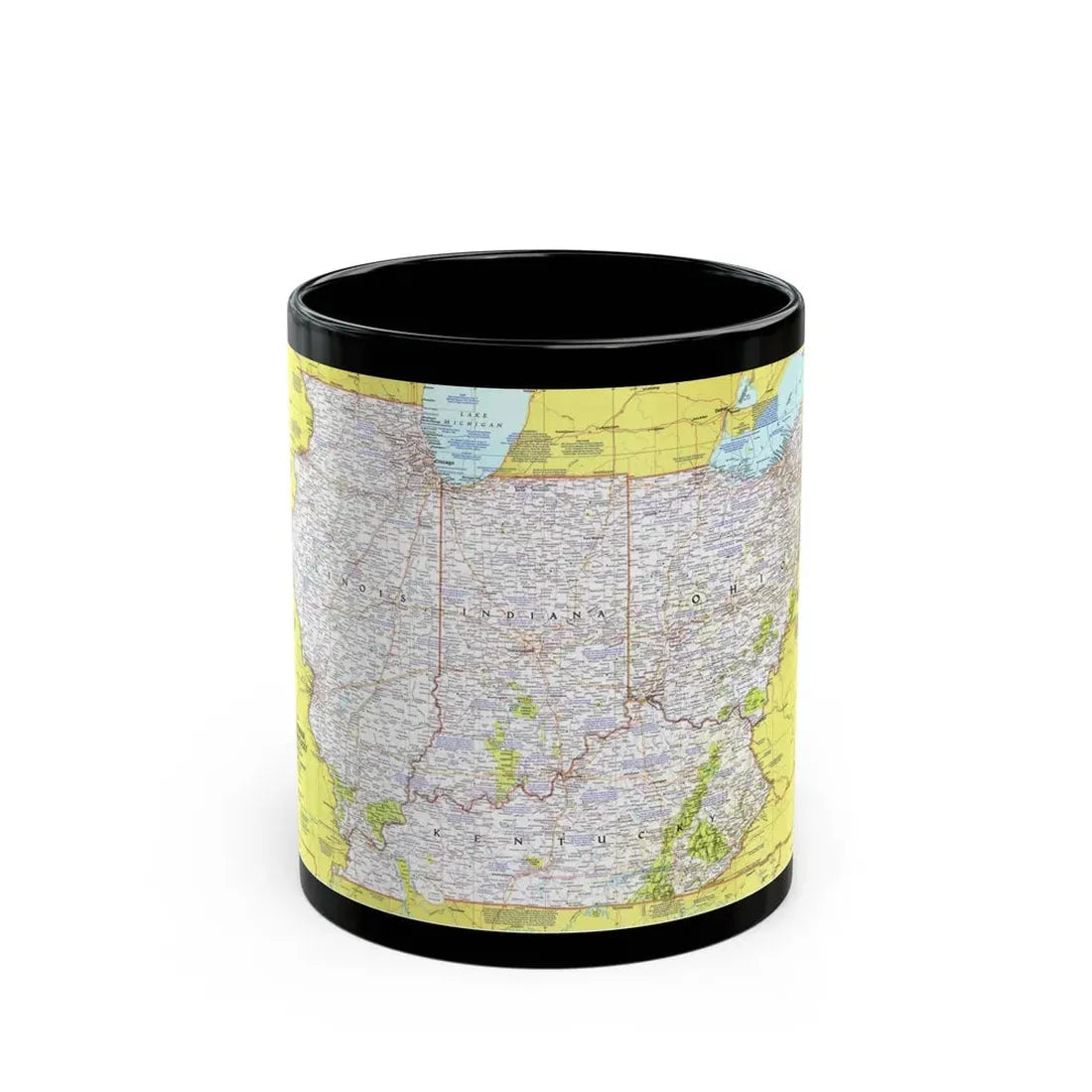 USA - Illinois, Indiana, Ohio, Kentucky 1 (1977) (Map) Black Coffee Mug 11oz - Go Mug Yourself