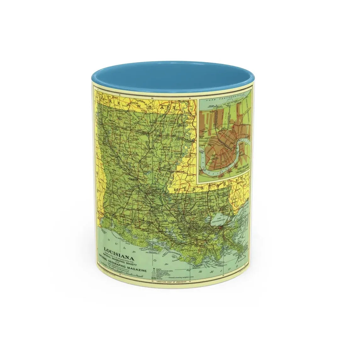 USA - Louisiana (1930) (Map) Accent Coffee Mug 11oz Light Blue - Go Mug Yourself