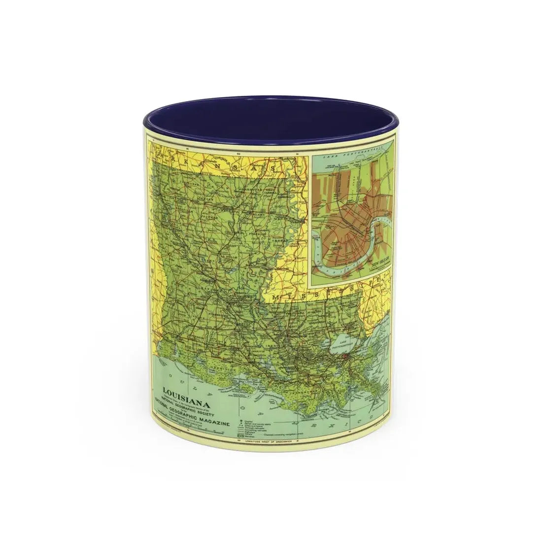 USA - Louisiana (1930) (Map) Accent Coffee Mug 11oz Navy - Go Mug Yourself