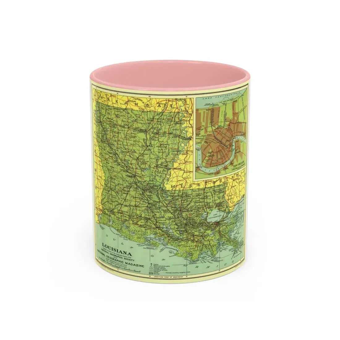 USA - Louisiana (1930) (Map) Accent Coffee Mug 11oz Pink - Go Mug Yourself