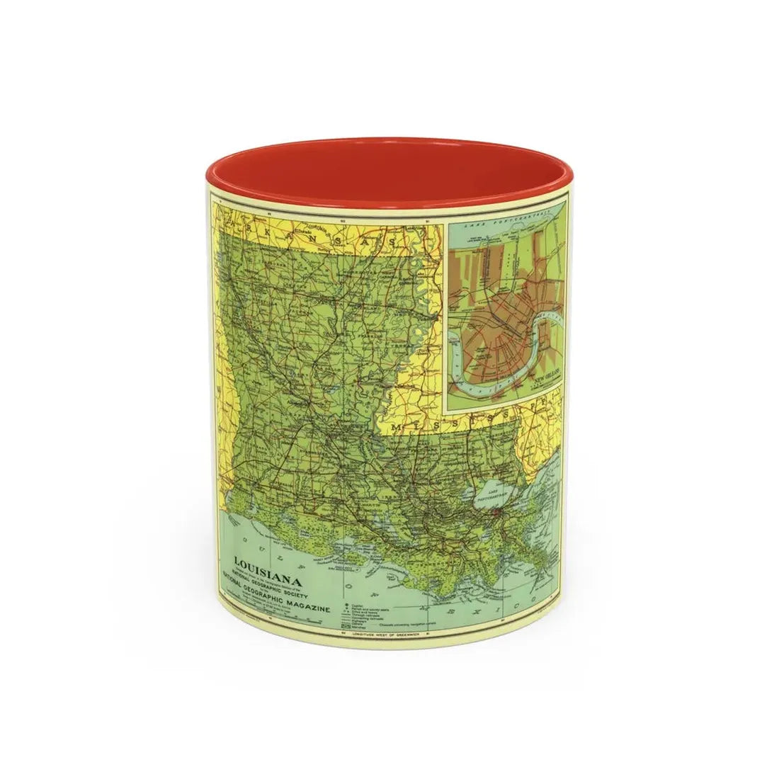 USA - Louisiana (1930) (Map) Accent Coffee Mug 11oz Red - Go Mug Yourself