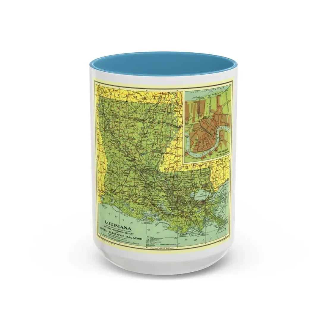 USA - Louisiana (1930) (Map) Accent Coffee Mug 15oz Light Blue - Go Mug Yourself