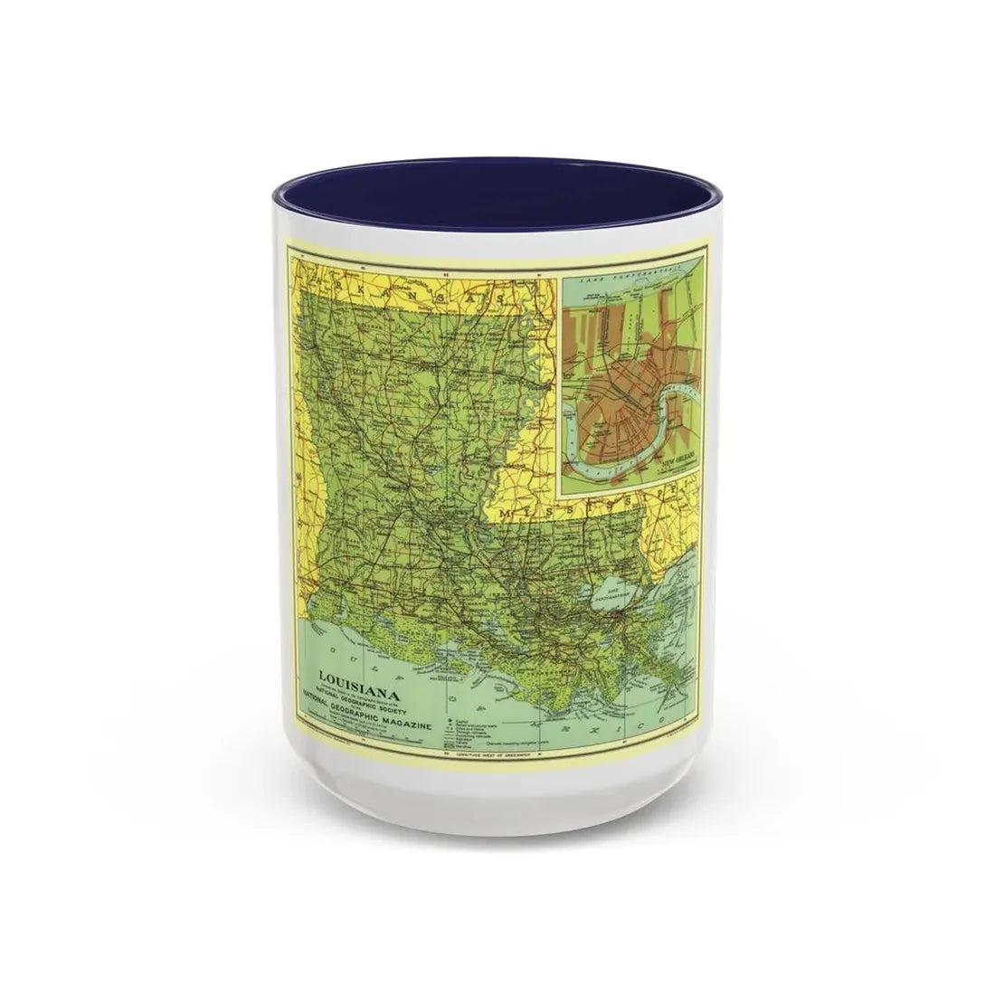 USA - Louisiana (1930) (Map) Accent Coffee Mug 15oz Navy - Go Mug Yourself