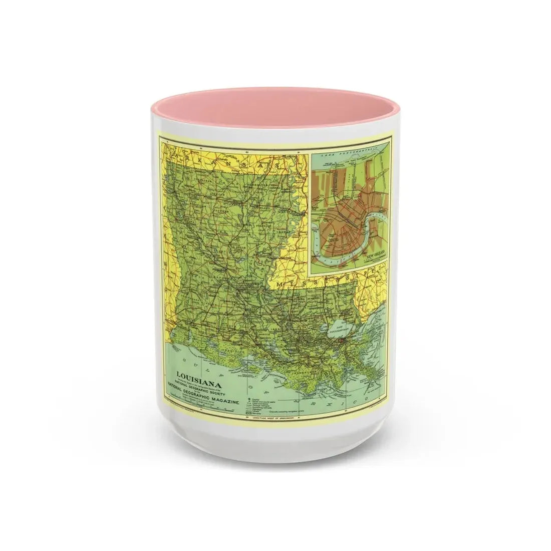 USA - Louisiana (1930) (Map) Accent Coffee Mug 15oz Pink - Go Mug Yourself