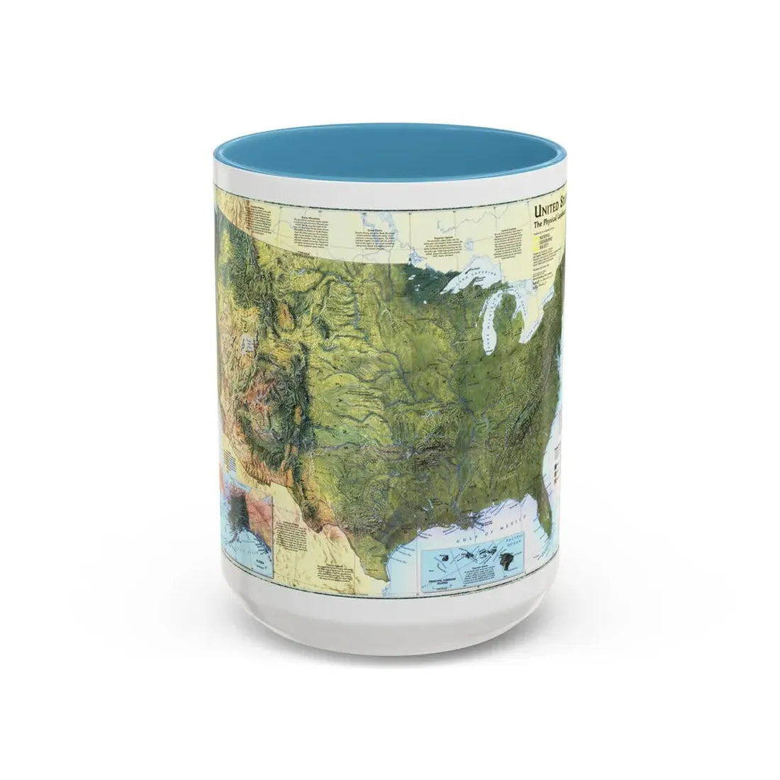 USA - The Physical Landscape (1996) (Map) Accent Coffee Mug 15oz Light Blue - Go Mug Yourself