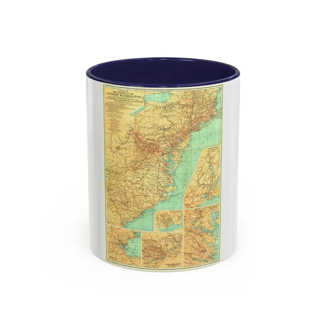 USA - Travels of George Washington (1932) (Map) Accent Coffee Mug 11oz Navy - Go Mug Yourself