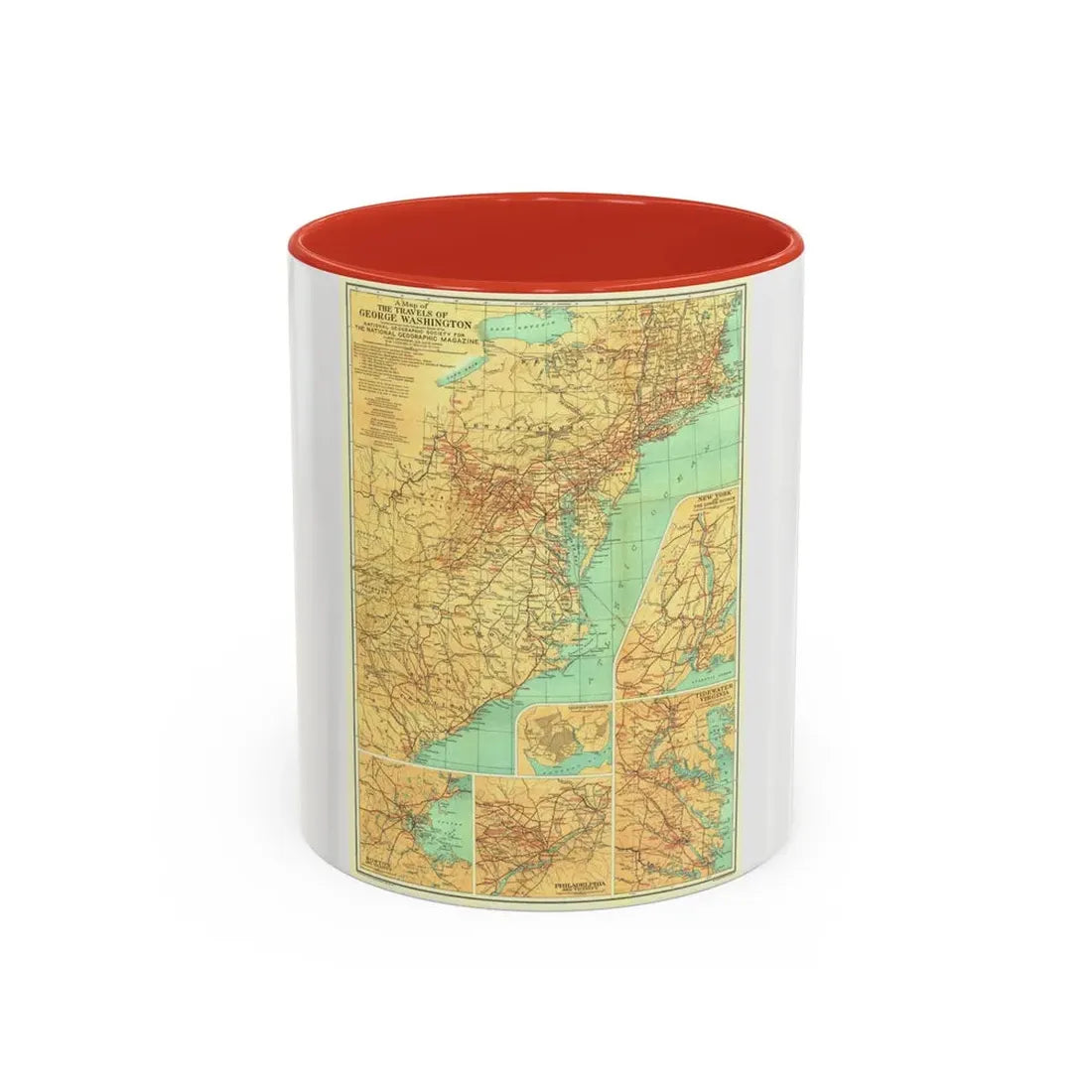 USA - Travels of George Washington (1932) (Map) Accent Coffee Mug 11oz Red - Go Mug Yourself