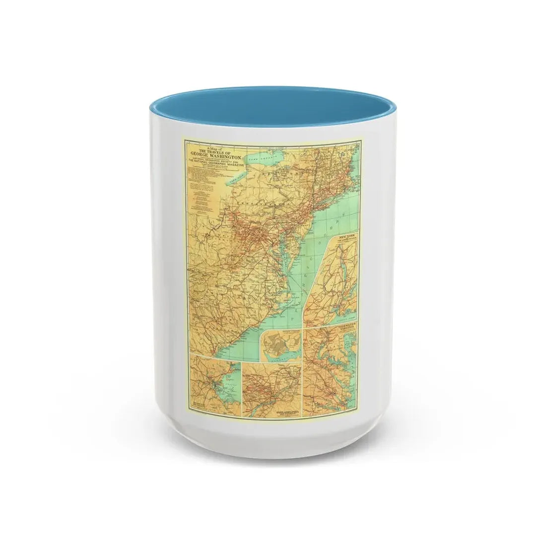 USA - Travels of George Washington (1932) (Map) Accent Coffee Mug 15oz Light Blue - Go Mug Yourself
