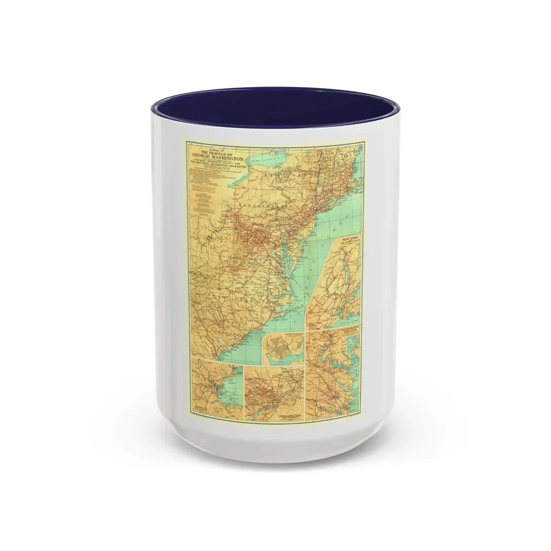 USA - Travels of George Washington (1932) (Map) Accent Coffee Mug 15oz Navy - Go Mug Yourself
