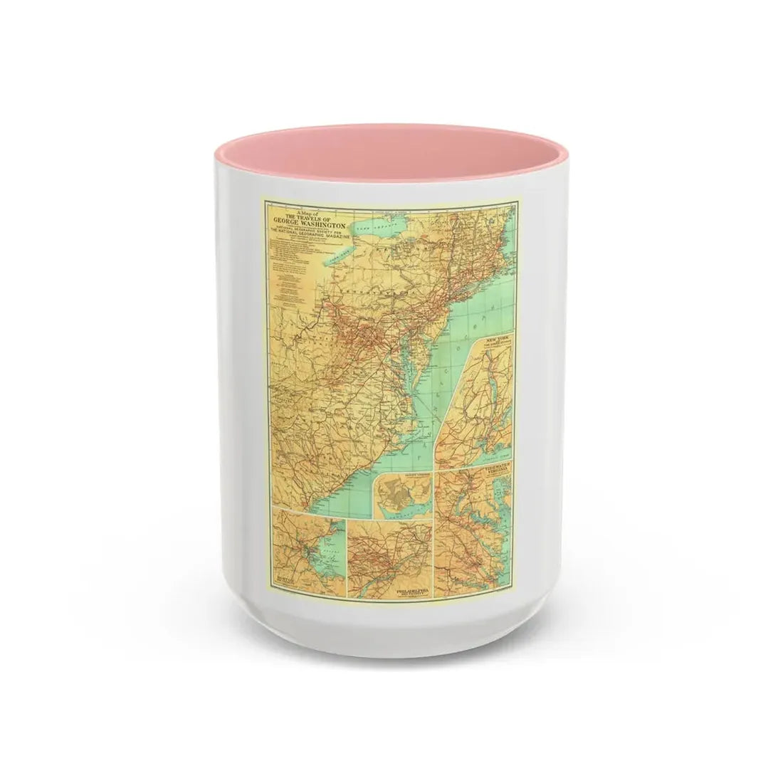 USA - Travels of George Washington (1932) (Map) Accent Coffee Mug 15oz Pink - Go Mug Yourself