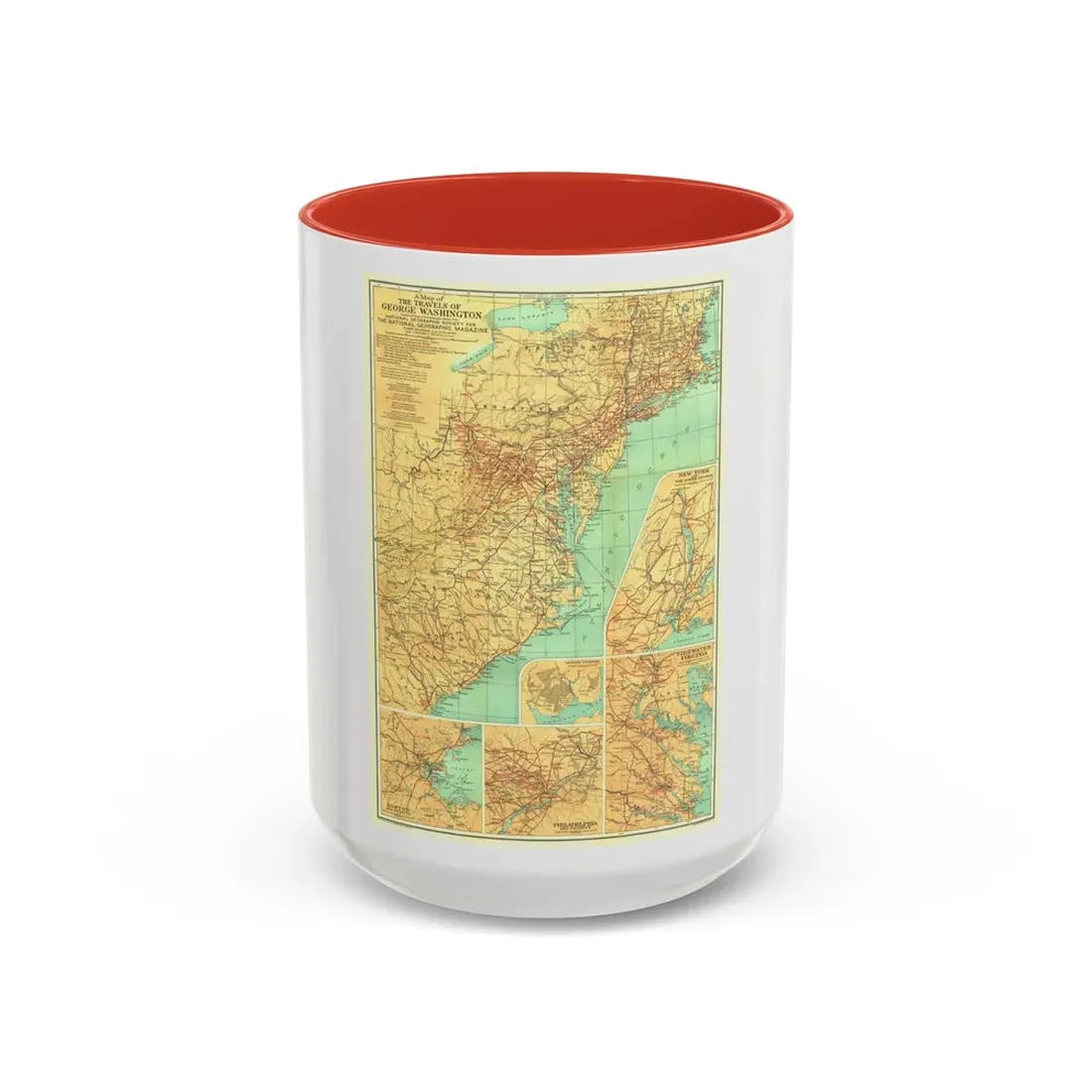USA - Travels of George Washington (1932) (Map) Accent Coffee Mug 15oz Red - Go Mug Yourself
