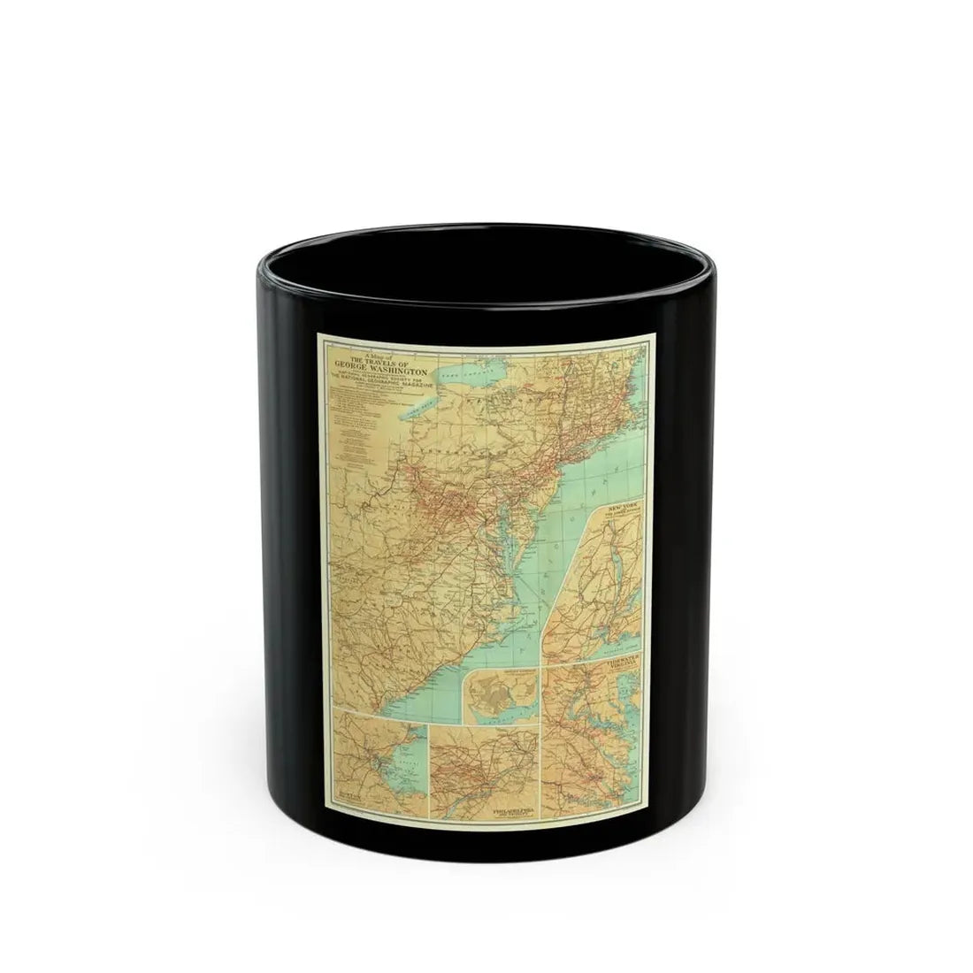 USA - Travels of George Washington (1932) (Map) Black Coffee Mug 11oz - Go Mug Yourself