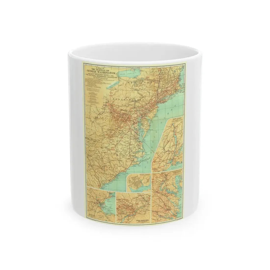 USA - Travels of George Washington (1932) (Map) White Coffee Mug 11oz - Go Mug Yourself