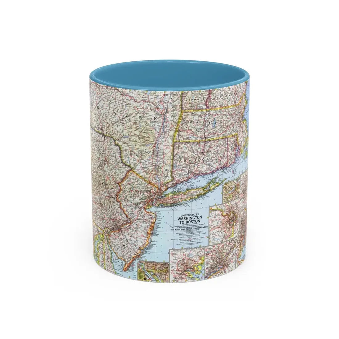 USA - Washington to Boston (1962) (Map) Accent Coffee Mug 11oz Light Blue - Go Mug Yourself