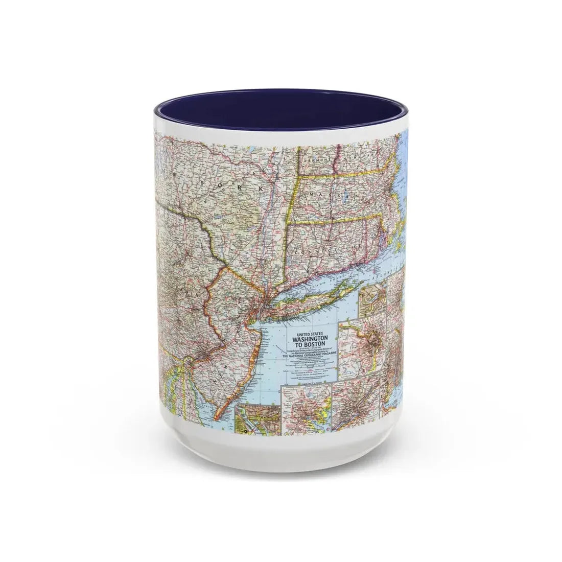 USA - Washington to Boston (1962) (Map) Accent Coffee Mug 15oz Navy - Go Mug Yourself