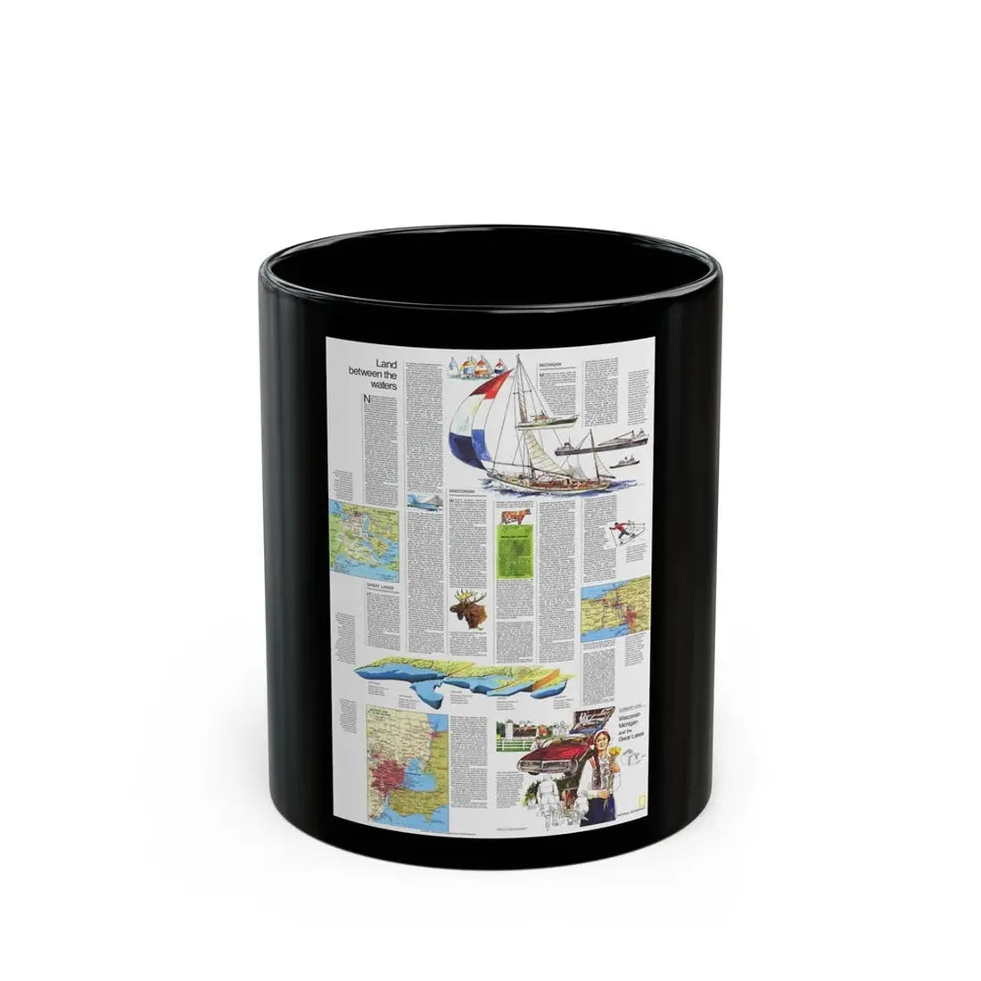 USA - Wisconsin, Michigan ,Great Lakes 2 (1973) (Map) Black Coffee Mug 11oz - Go Mug Yourself