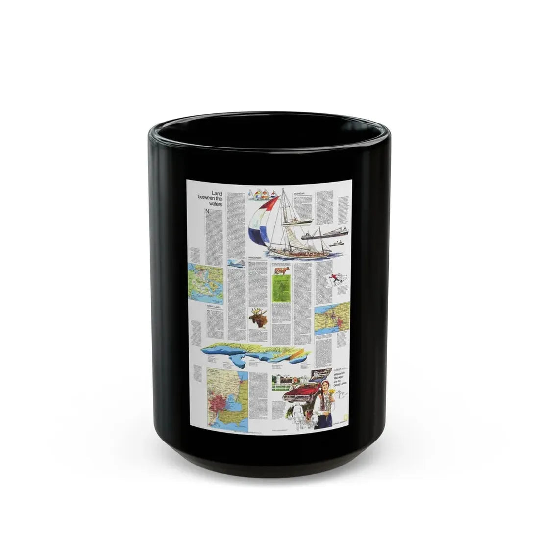 USA - Wisconsin, Michigan ,Great Lakes 2 (1973) (Map) Black Coffee Mug 15oz - Go Mug Yourself
