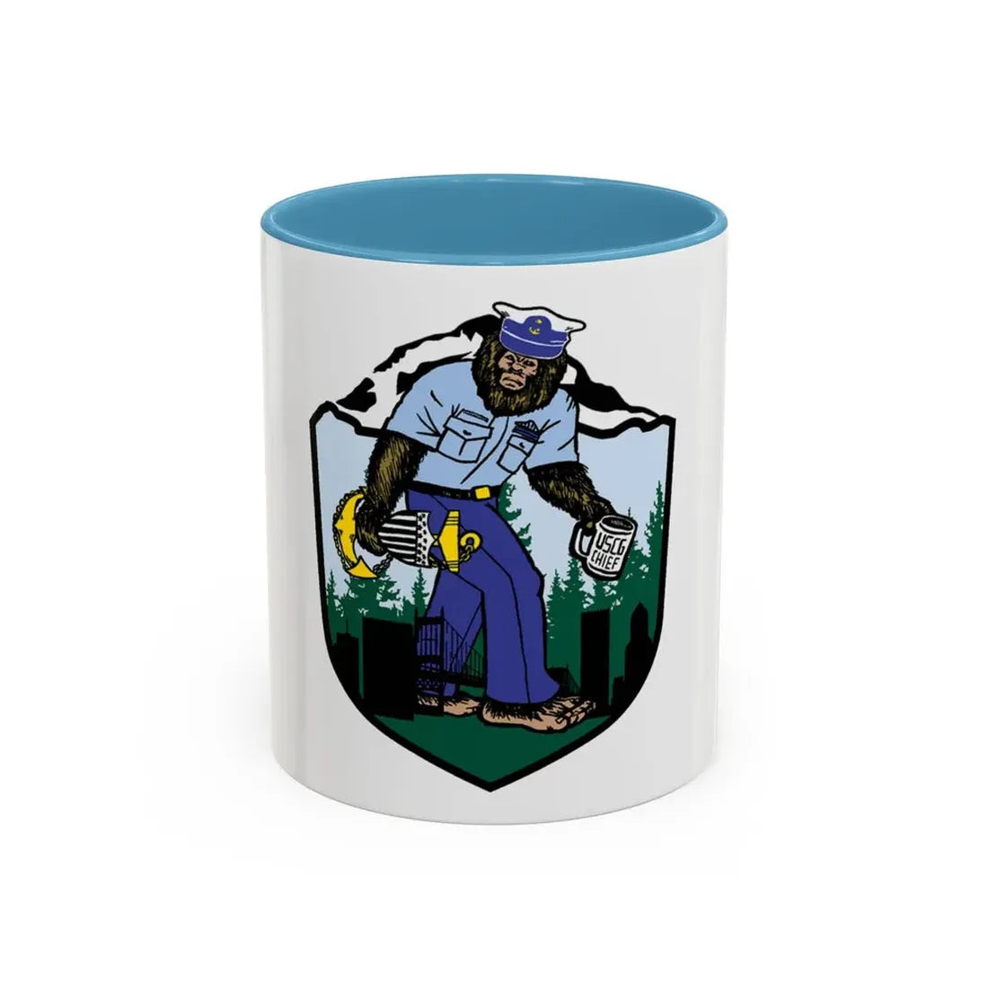 USCG Sailor Squatch (U.S. Coast Guard) Accent Coffee Mug 11oz Light Blue - Go Mug Yourself