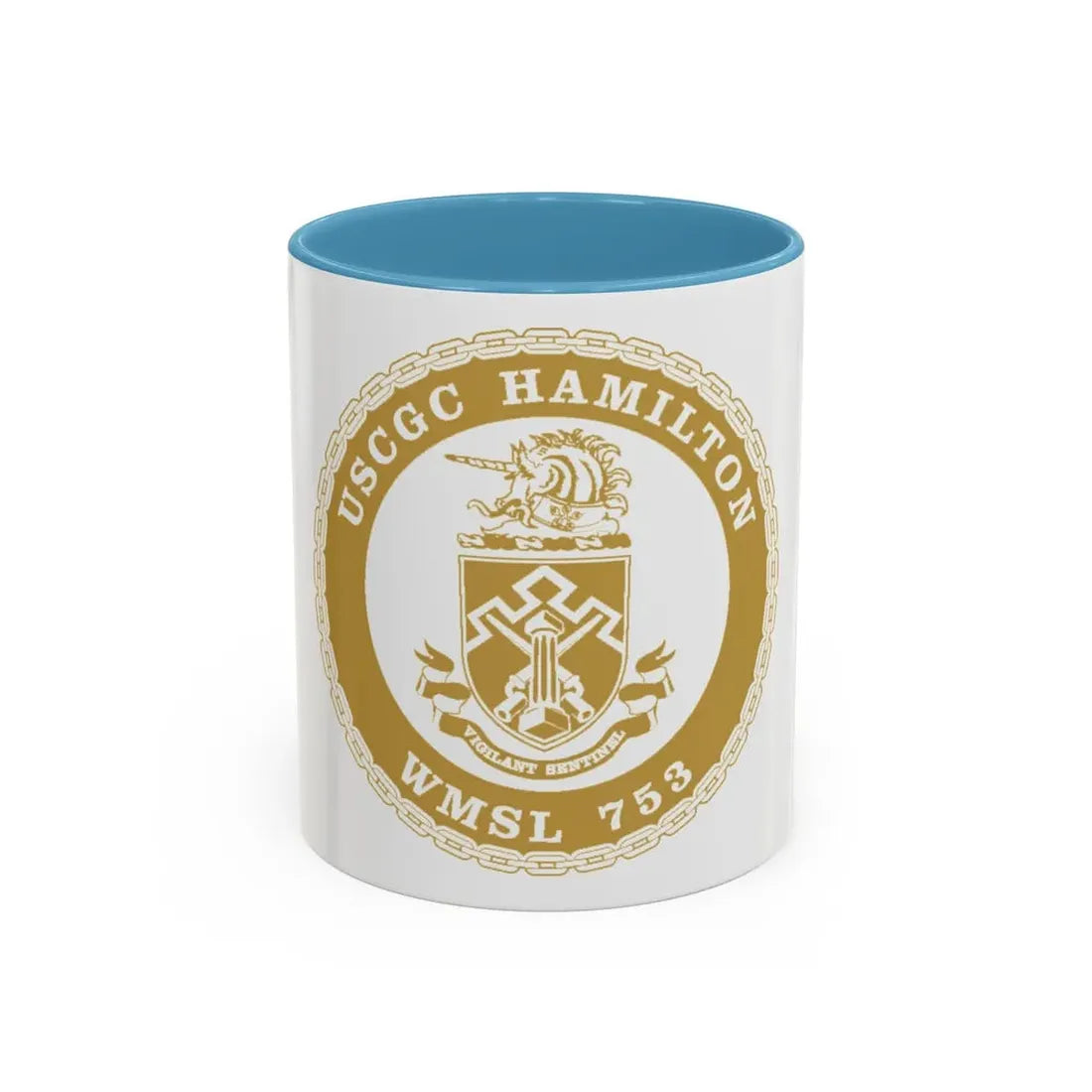 USCGC Hamilton WMSL 753 GOLD (U.S. Coast Guard) Accent Coffee Mug 11oz Light Blue - Go Mug Yourself