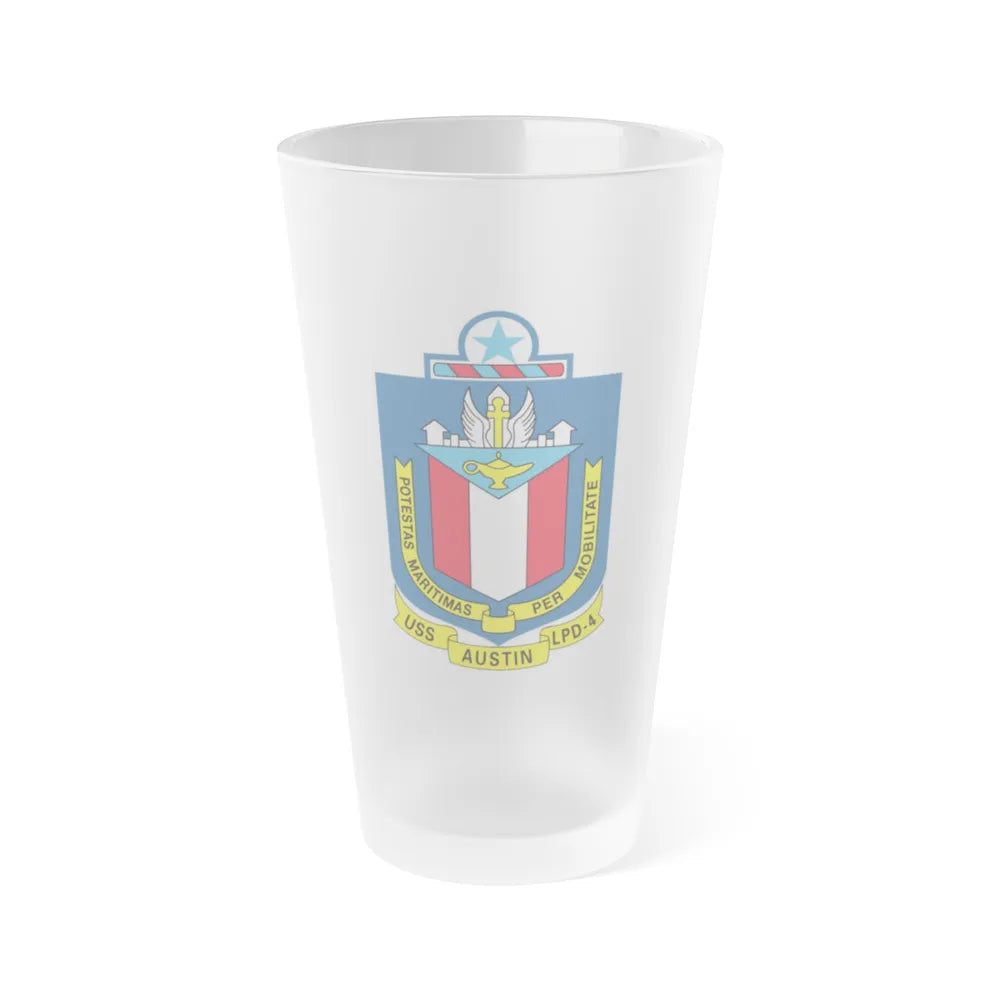 USS Austin LPD 4 Potestas Maritimas Per Mobilitate (U.S. Navy) Frosted Pint Glass 16oz-Go Mug Yourself