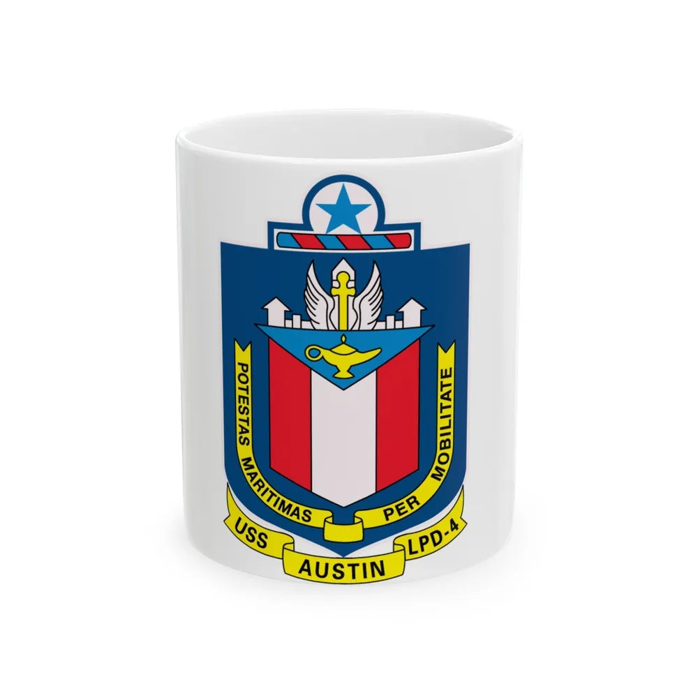 USS Austin LPD 4 Potestas Maritimas Per Mobilitate (U.S. Navy) White Coffee Mug-11oz-Go Mug Yourself