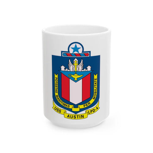 USS Austin LPD 4 Potestas Maritimas Per Mobilitate (U.S. Navy) White Coffee Mug-15oz-Go Mug Yourself