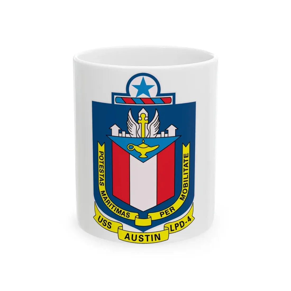 USS Austin LPD 4 Potestas Maritimas Per Mobilitate (U.S. Navy) White Coffee Mug 11oz - Go Mug Yourself