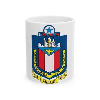 USS Austin LPD 4 Potestas Maritimas Per Mobilitate (U.S. Navy) White Coffee Mug 11oz - Go Mug Yourself