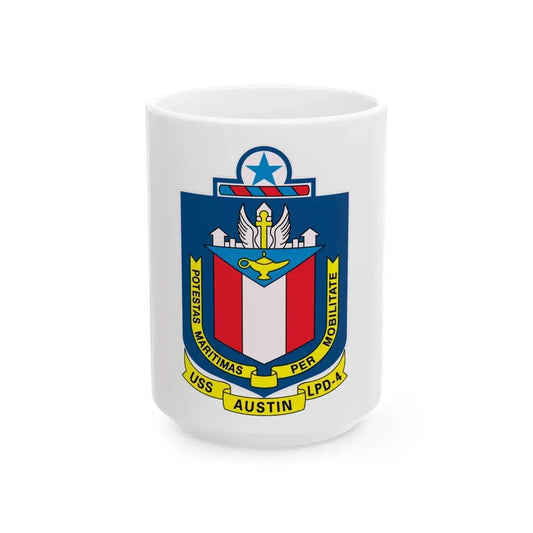 USS Austin LPD 4 Potestas Maritimas Per Mobilitate (U.S. Navy) White Coffee Mug 15oz - Go Mug Yourself