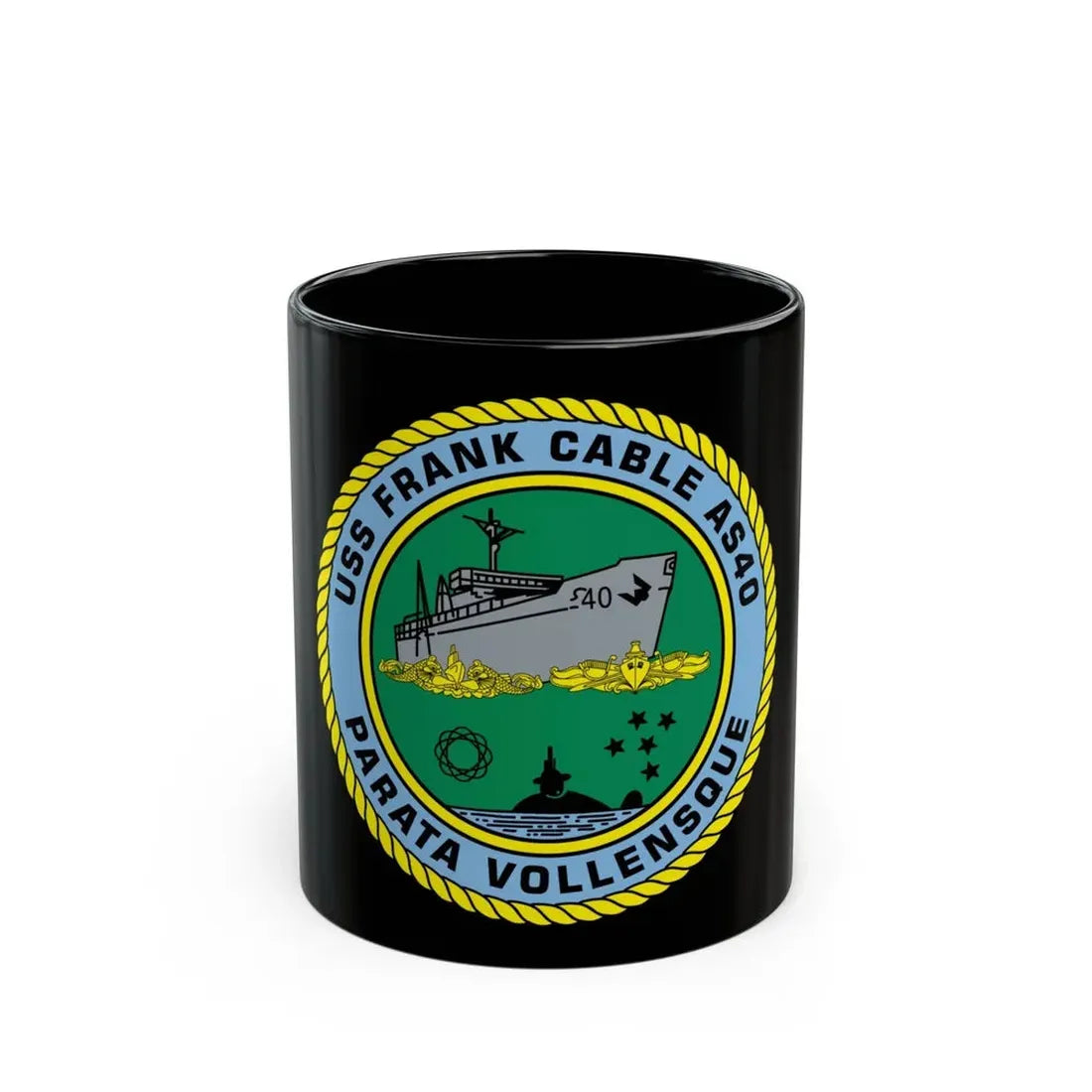 USS Frank Cable AS40 Parata Vollensque (U.S. Navy) Black Coffee Mug 11oz - Go Mug Yourself