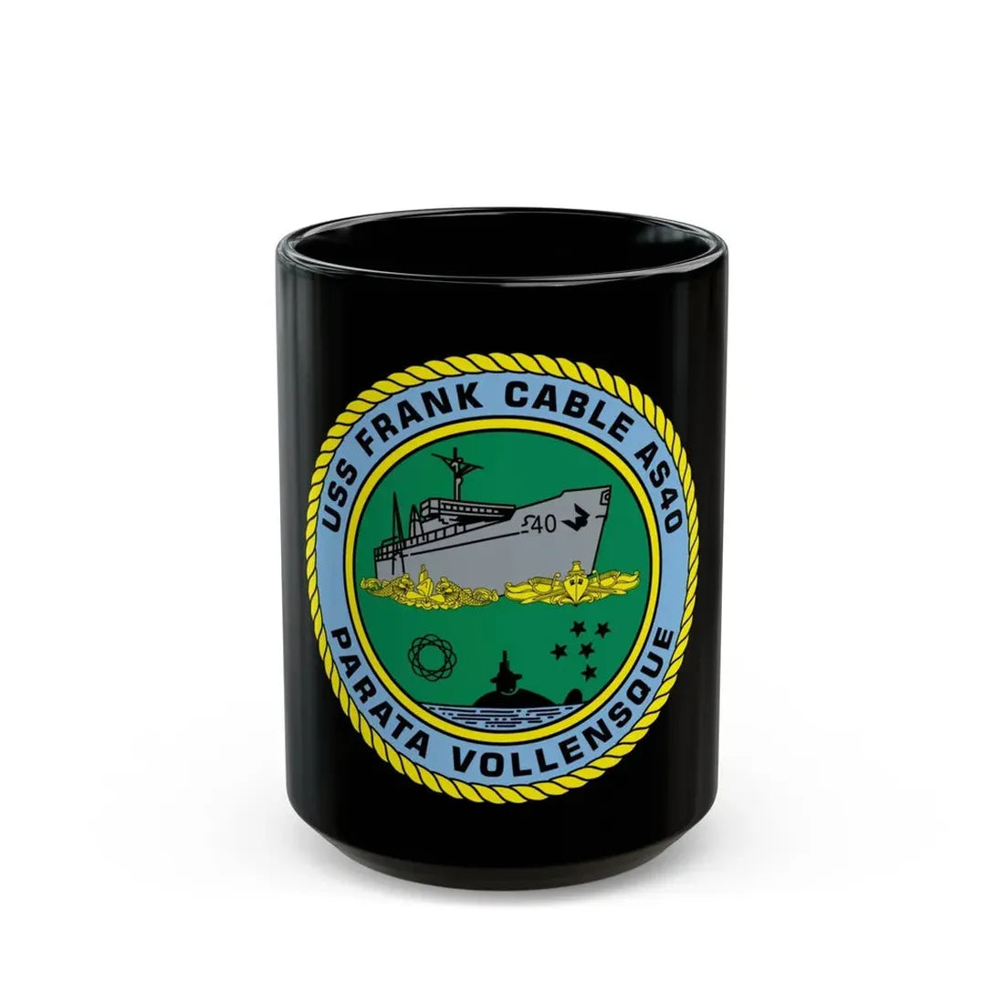 USS Frank Cable AS40 Parata Vollensque (U.S. Navy) Black Coffee Mug 15oz - Go Mug Yourself