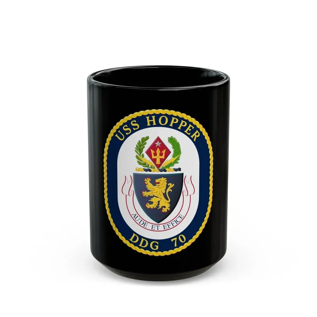 USS Hopper DDG 70 Crest (U.S. Navy) Black Coffee Mug 15oz - Go Mug Yourself