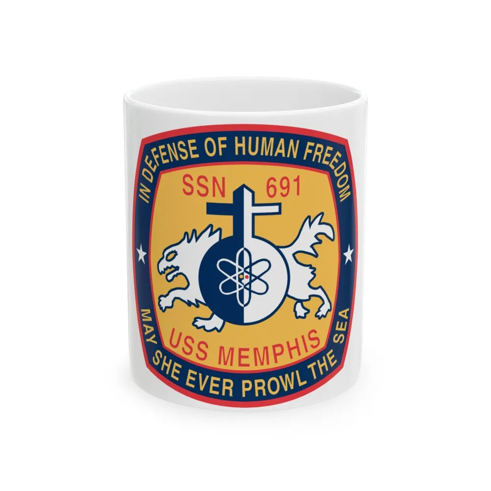 USS Memphis SSN 691 In Defence of the Human Freedom (U.S. Navy) White Coffee Mug-11oz-Go Mug Yourself