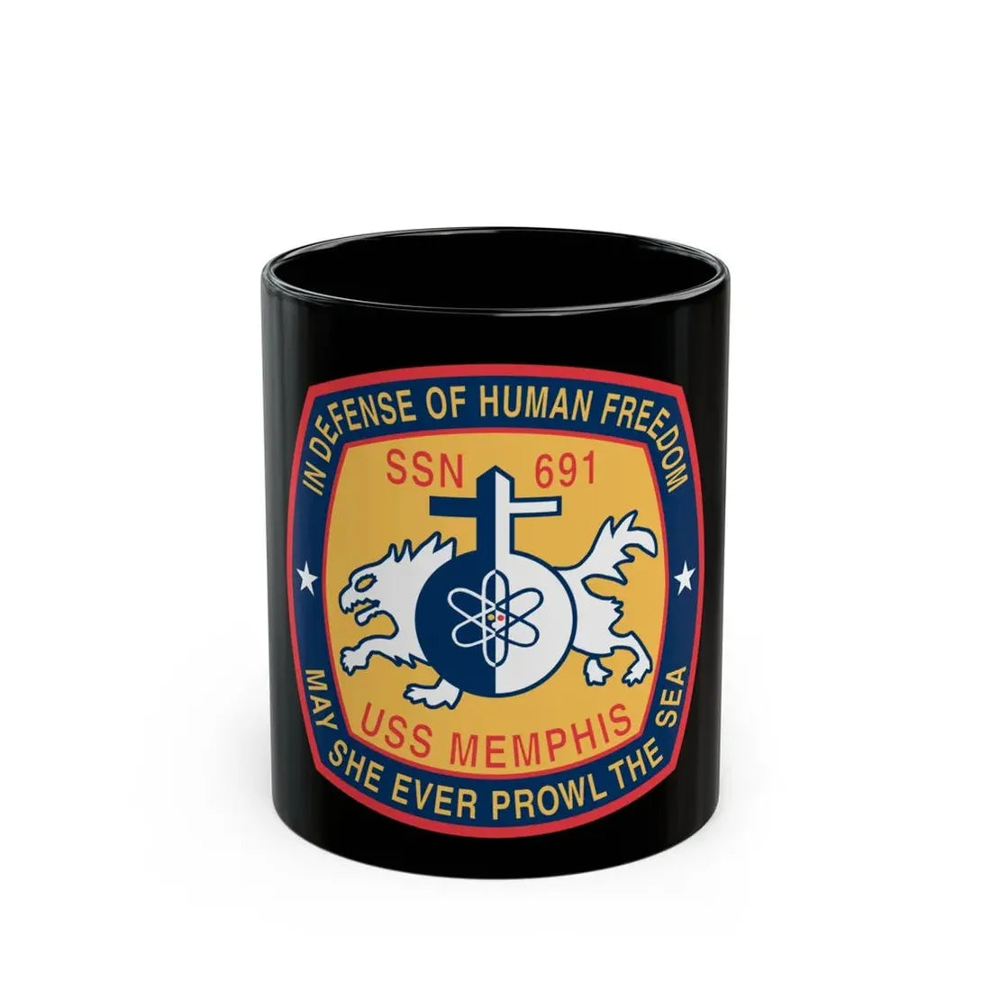 USS Memphis SSN 691 In Defence of the Human Freedom (U.S. Navy) Black Coffee Mug 11oz - Go Mug Yourself