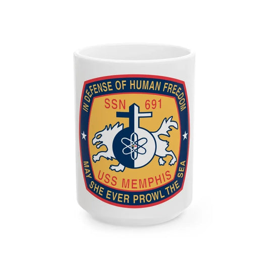 USS Memphis SSN 691 In Defence of the Human Freedom (U.S. Navy) White Coffee Mug 15oz - Go Mug Yourself
