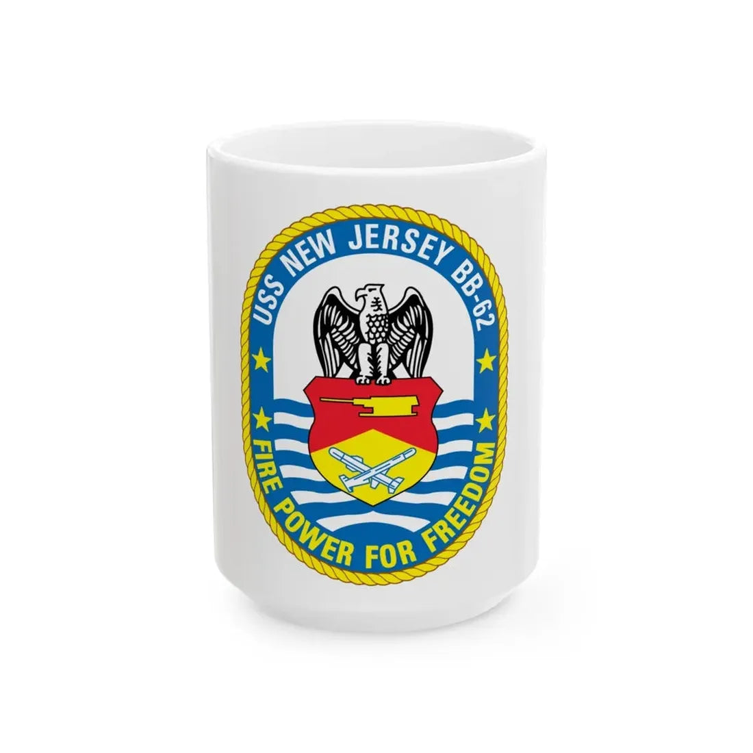 USS New Jersey BB 62 Fire Power For Freedom (U.S. Navy) White Coffee Mug 15oz - Go Mug Yourself
