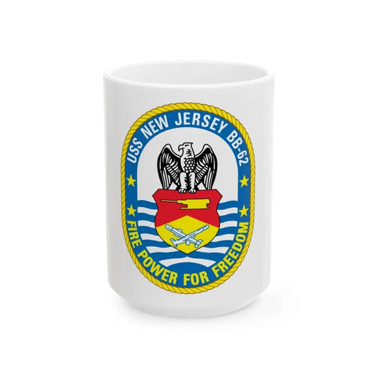 USS New Jersey BB 62 Fire Power For Freedom (U.S. Navy) White Coffee Mug 15oz - Go Mug Yourself