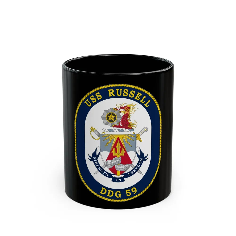 USS Russell DDG 59 Crest (U.S. Navy) Black Coffee Mug-11oz-Go Mug Yourself