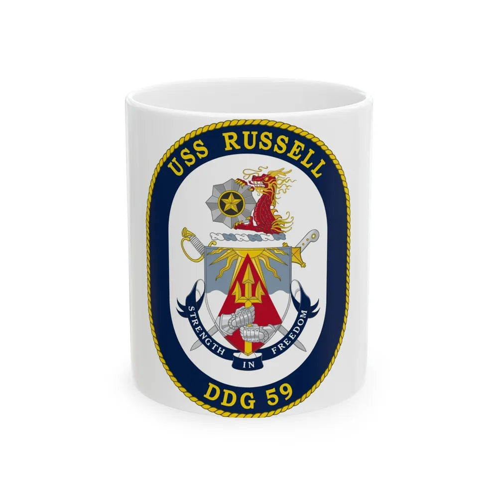 USS Russell DDG 59 Crest (U.S. Navy) White Coffee Mug-11oz-Go Mug Yourself