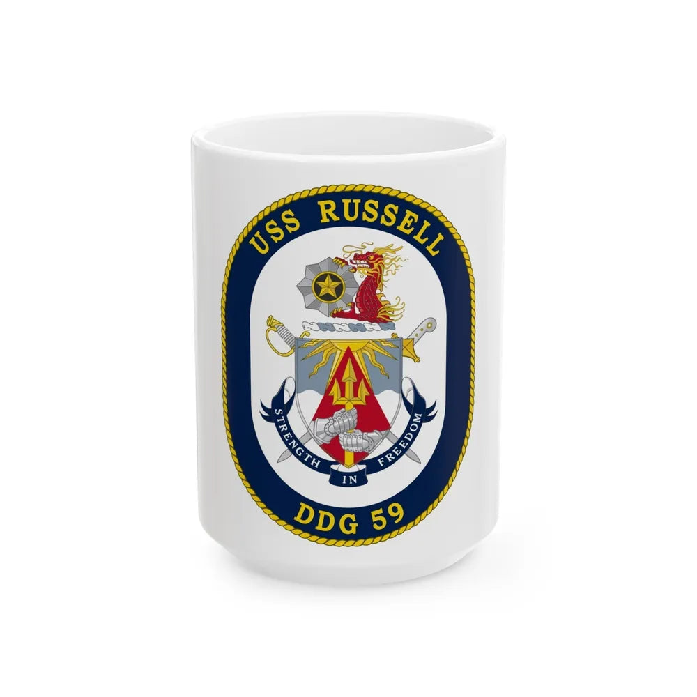 USS Russell DDG 59 Crest (U.S. Navy) White Coffee Mug-15oz-Go Mug Yourself