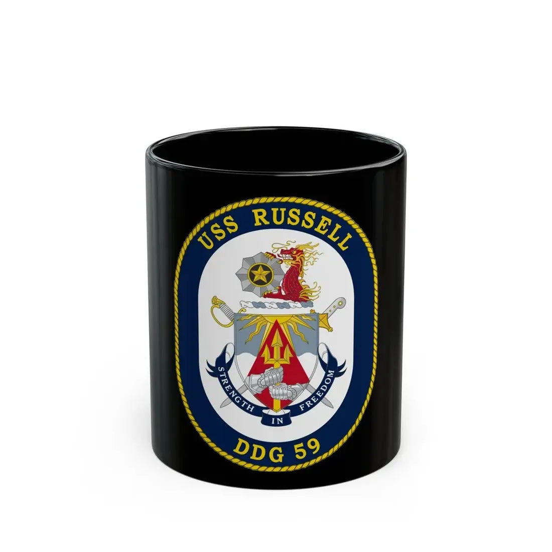 USS Russell DDG 59 Crest (U.S. Navy) Black Coffee Mug 11oz - Go Mug Yourself