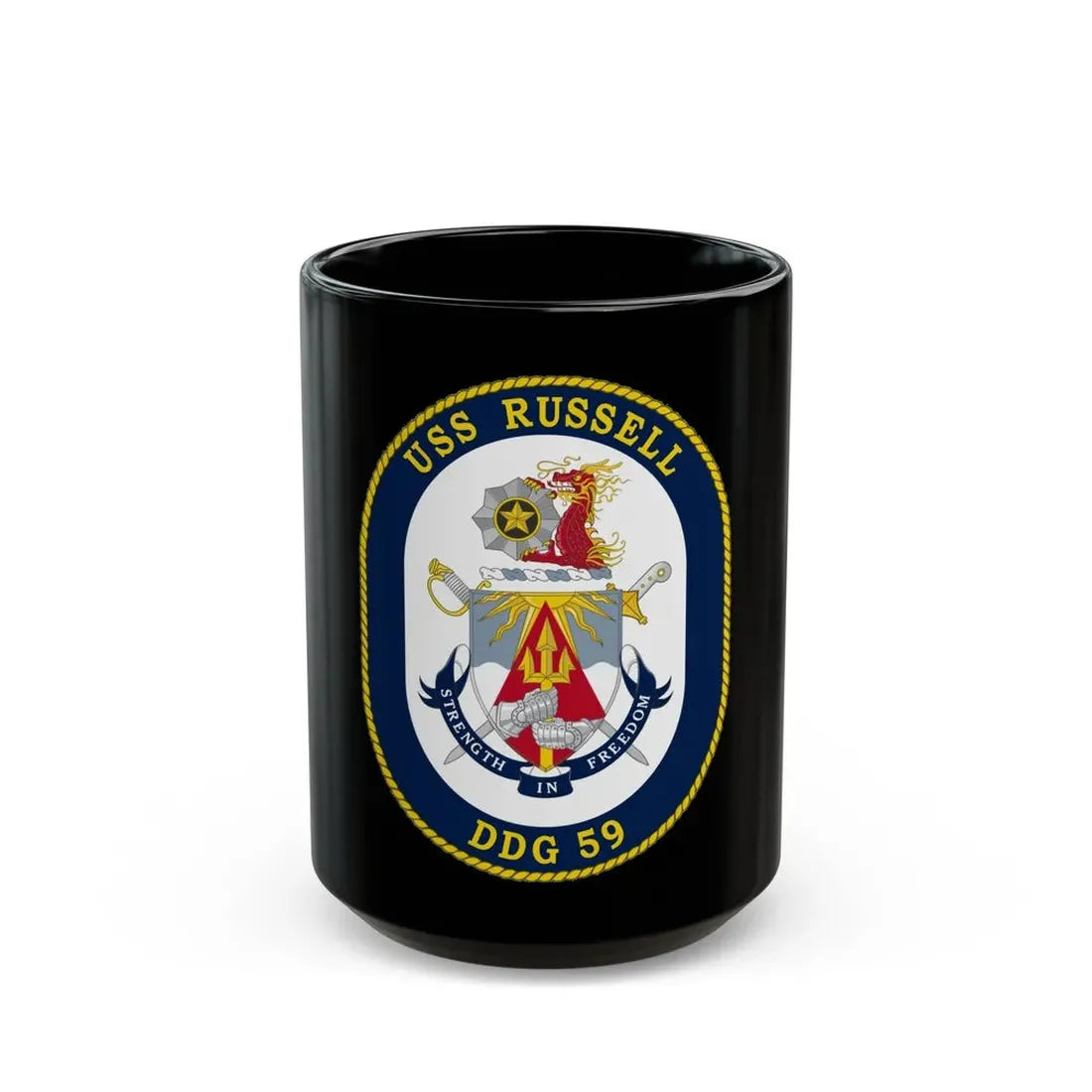USS Russell DDG 59 Crest (U.S. Navy) Black Coffee Mug 15oz - Go Mug Yourself
